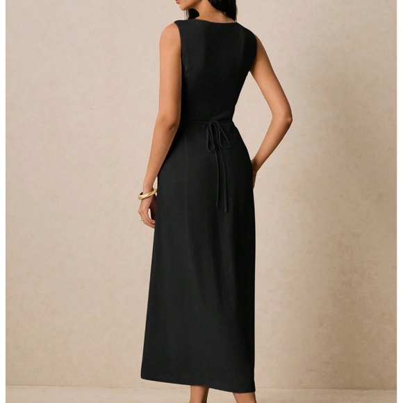 Shein Black Linen Blend Tie Back Button Down Midi Dress XS - Picture 3 of 3